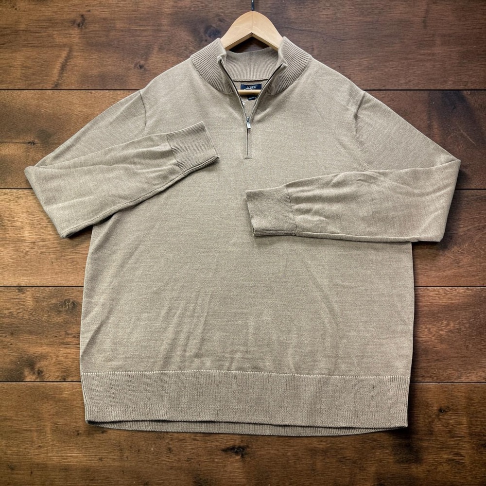 NEW J.Crew Merino Wool-Blend Half-Zip Sweater Mens LARGE Heather Tan Mock Neck